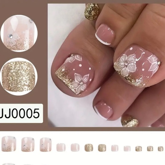 24pcs Sparkling Golden Glitter Flower Press On Toenails with Rhinestone - Picture 2 of 4